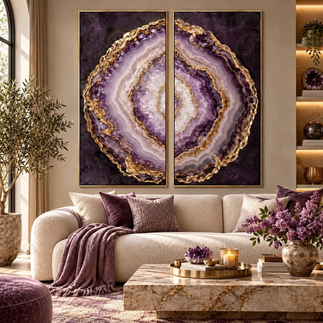 Agate Wall Art – Oversized 2 Piece Gold Geode Slice Set for Living Room - Sense for Decor