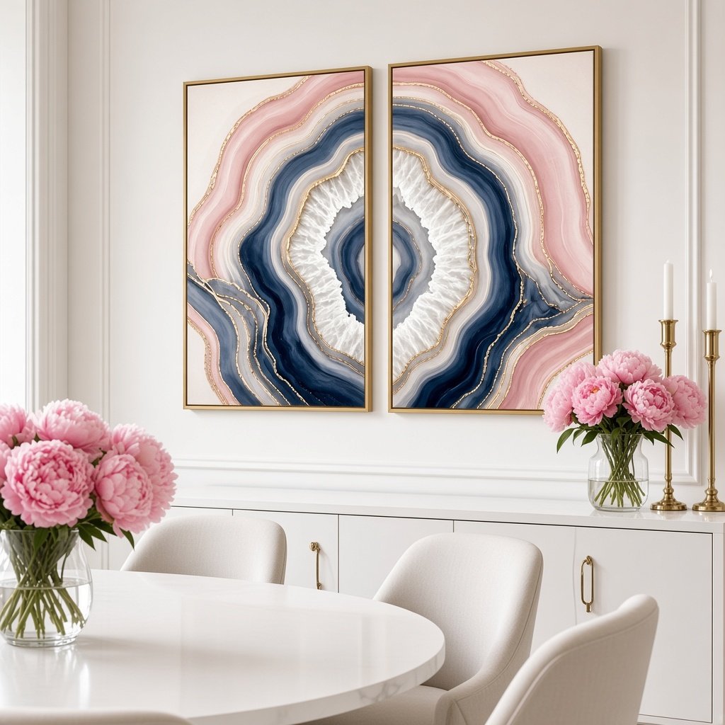 Agate Wall Art – Oversized 2 Piece Navy Blue and Blush Pink Geode Slice Set for Living Room - Sense for Decor