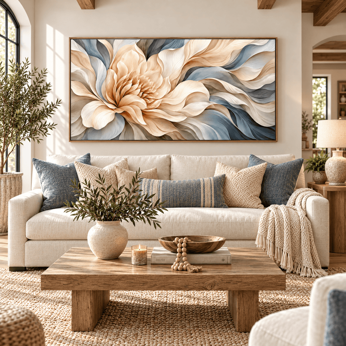 Alabaster Bloom – Oversized Panoramic Floral Wall Art Canvas in Cream and Slate Blue - Sense for Decor