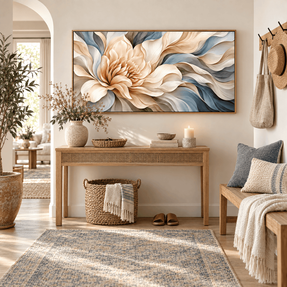 Alabaster Bloom – Oversized Panoramic Floral Wall Art Canvas in Cream and Slate Blue - Sense for Decor