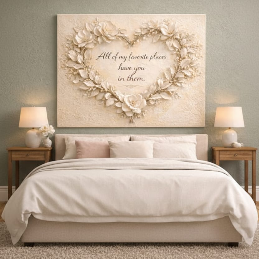 All Of My Favorite Places Floral Heart Wall Art - 3D White Magnolia Canvas with Gold Leaf Accents - Sense for Decor