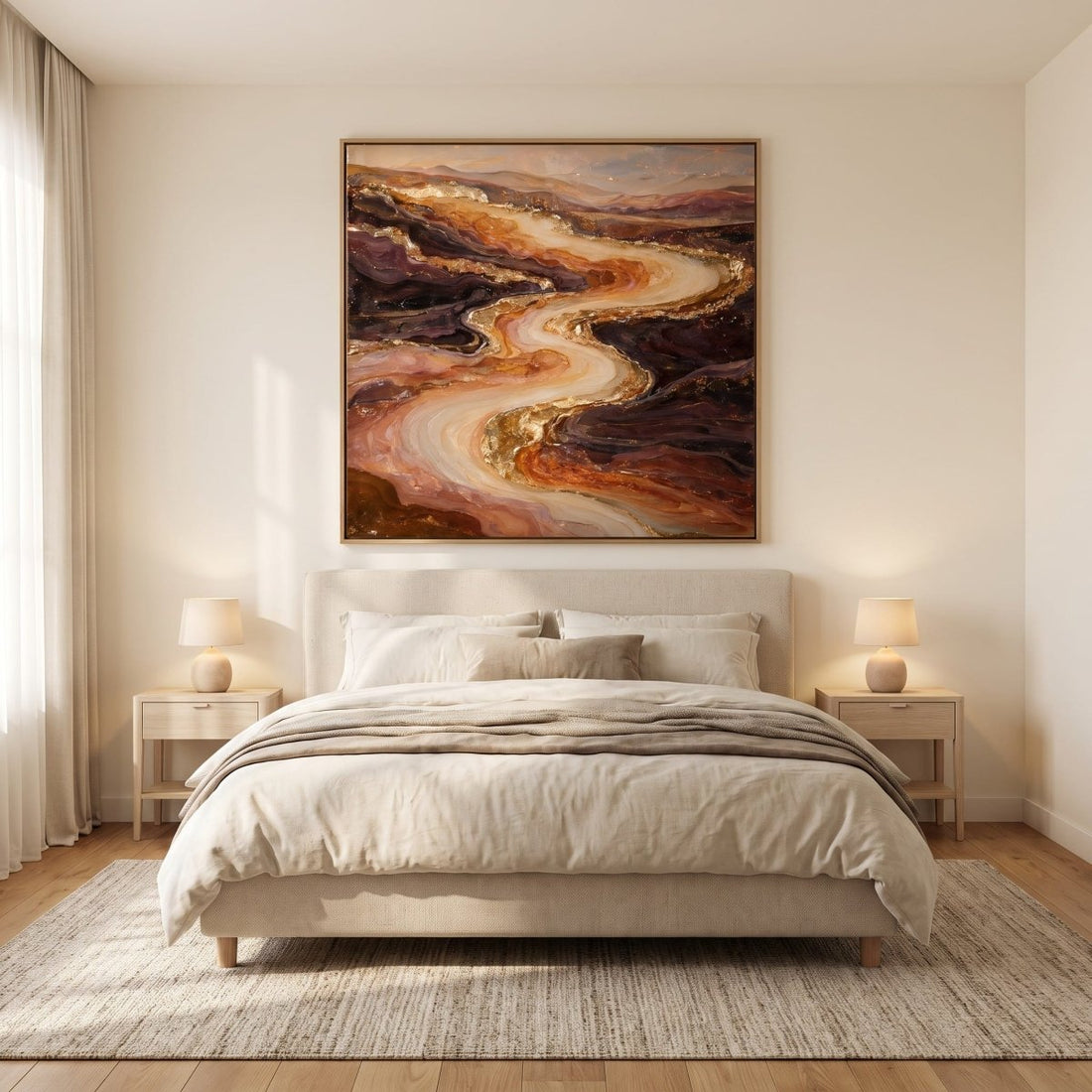 Amber and Rust Wall Art – Oversized Abstract River Textured Look Canvas for Living Room - Sense for Decor