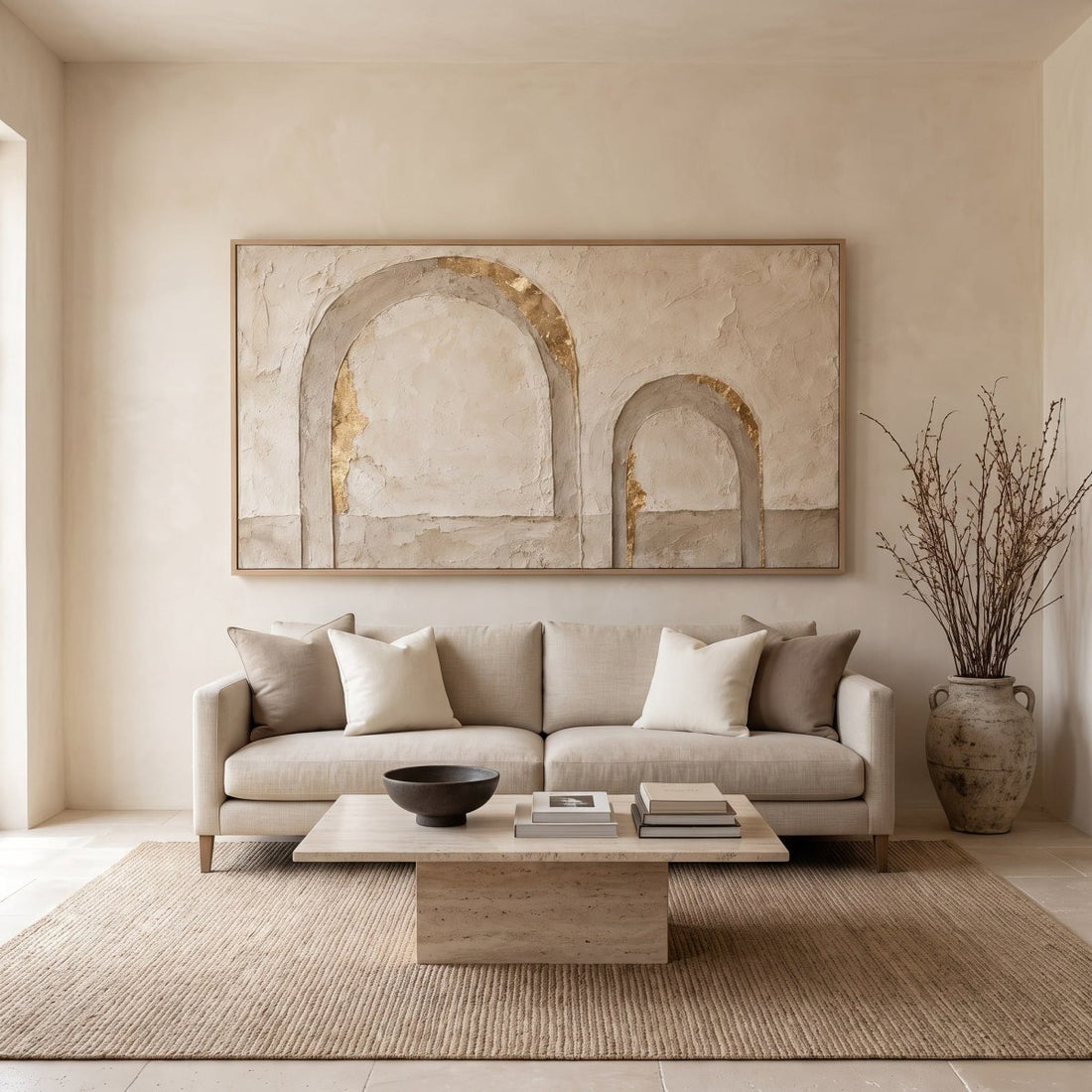Arch Wall Art – Oversized Panoramic Plaster and Gold Textured Look Canvas for Living Room - Sense for Decor