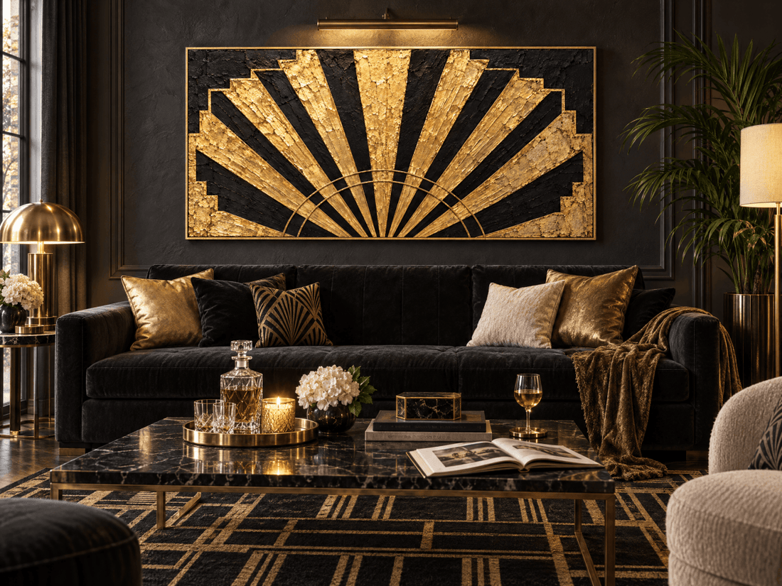 Art Deco Wall Art – Oversized Black and Gold Sunburst Fan Textured Look Canvas for Living Room - Sense for Decor