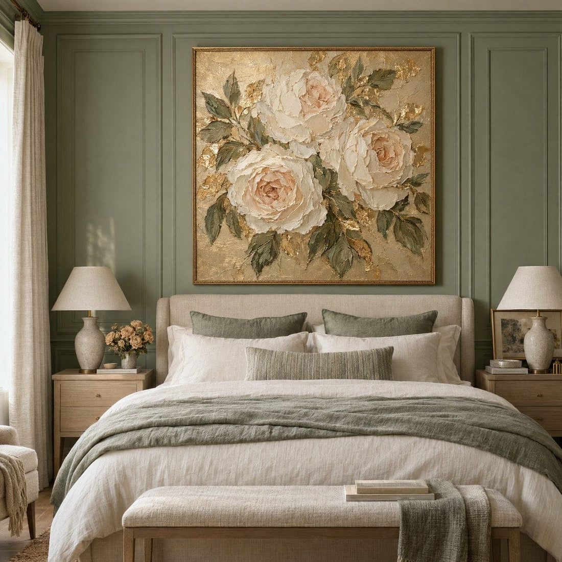 Cream garden rose canvas above a bed in a sage green bedroom