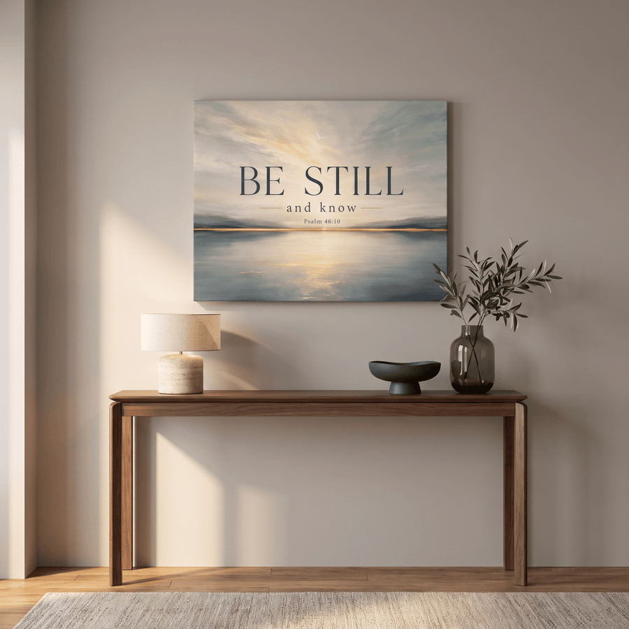 Be Still And Know Wall Art – Psalm 46:10 Christian Canvas, Modern Golden Lake Landscape in Soft Blue & Cream - Sense for Decor