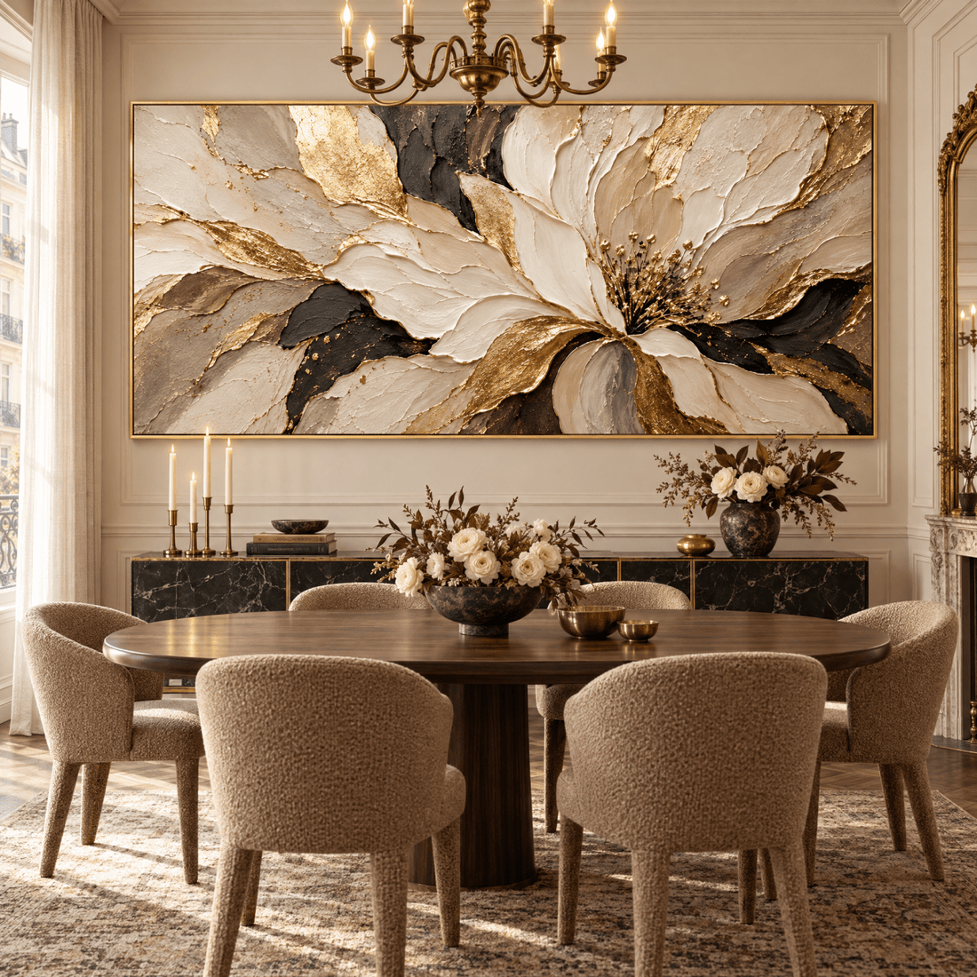 Beige and Gold Flower Wall Art – Oversized Textured Look Canvas with Black Accents for Living Room - Sense for Decor