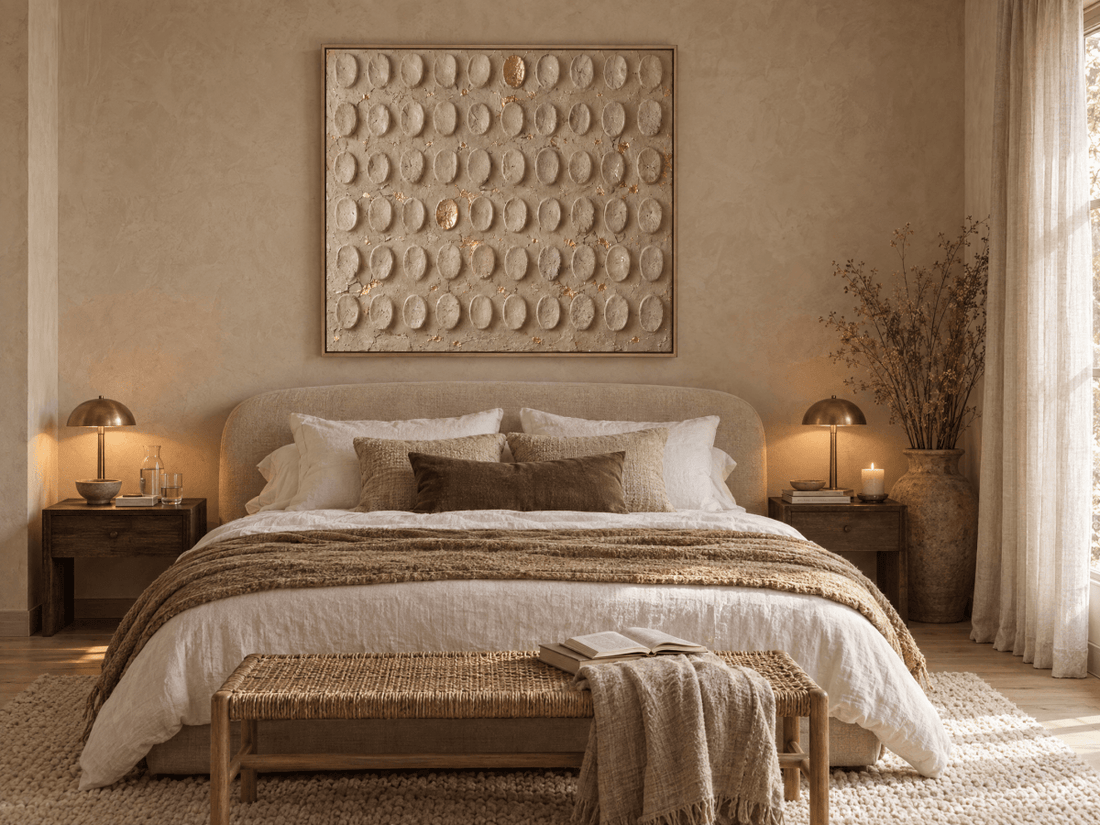 Beige and Gold Wall Art – Oversized Embossed Dot Textured Look Canvas for Bedroom and Living Room - Sense for Decor