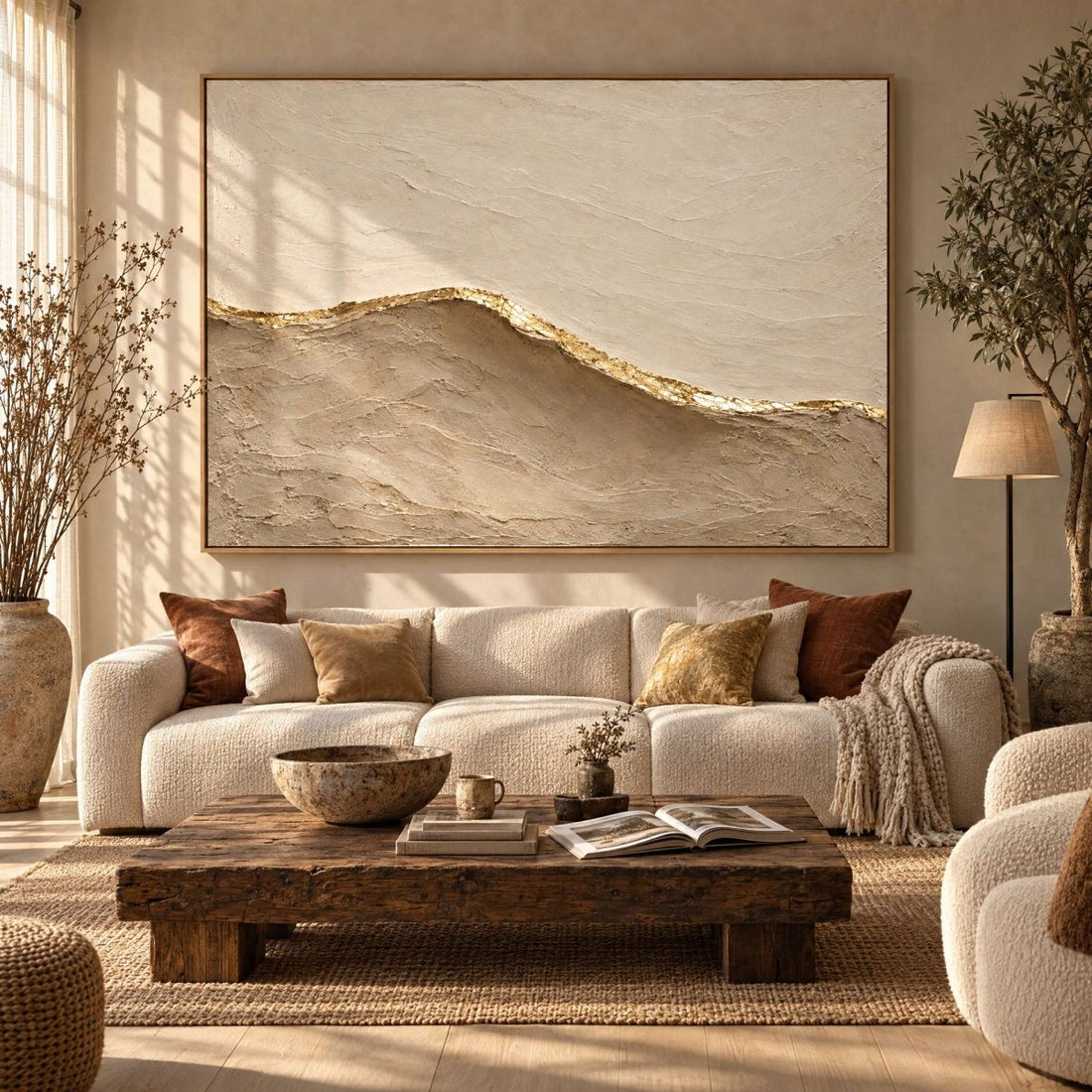 Beige and Gold Wall Art – Oversized Minimalist Sand Dune Textured Look Canvas for Bedroom and Living Room - Sense for Decor