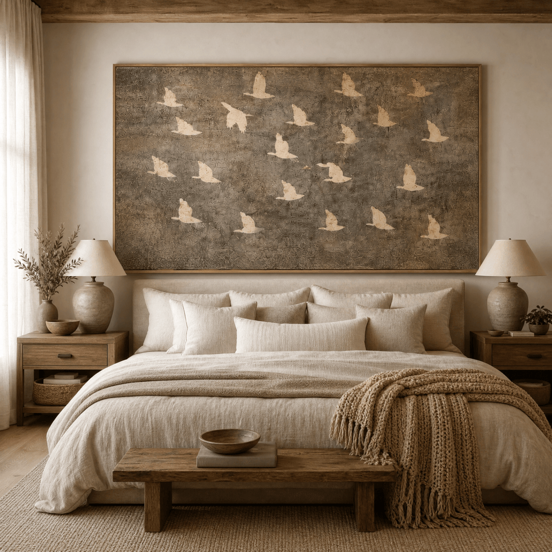 Birds in Flight Wall Art | Large 60x40 Hand-Embellished Textured Canvas | Neutral Taupe & Cream Statement Piece | Contemporary Nature Art - Sense for Decor
