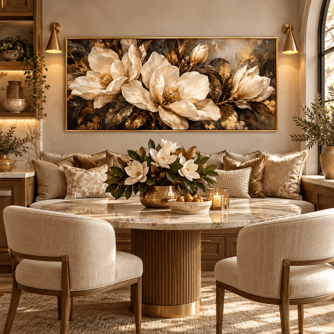 Black and Gold Magnolia Wall Art – Oversized Panoramic Charcoal Textured Look Canvas for Living Room - Sense for Decor