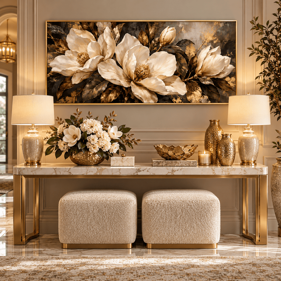 Black and Gold Magnolia Wall Art – Oversized Panoramic Charcoal Textured Look Canvas for Living Room - Sense for Decor