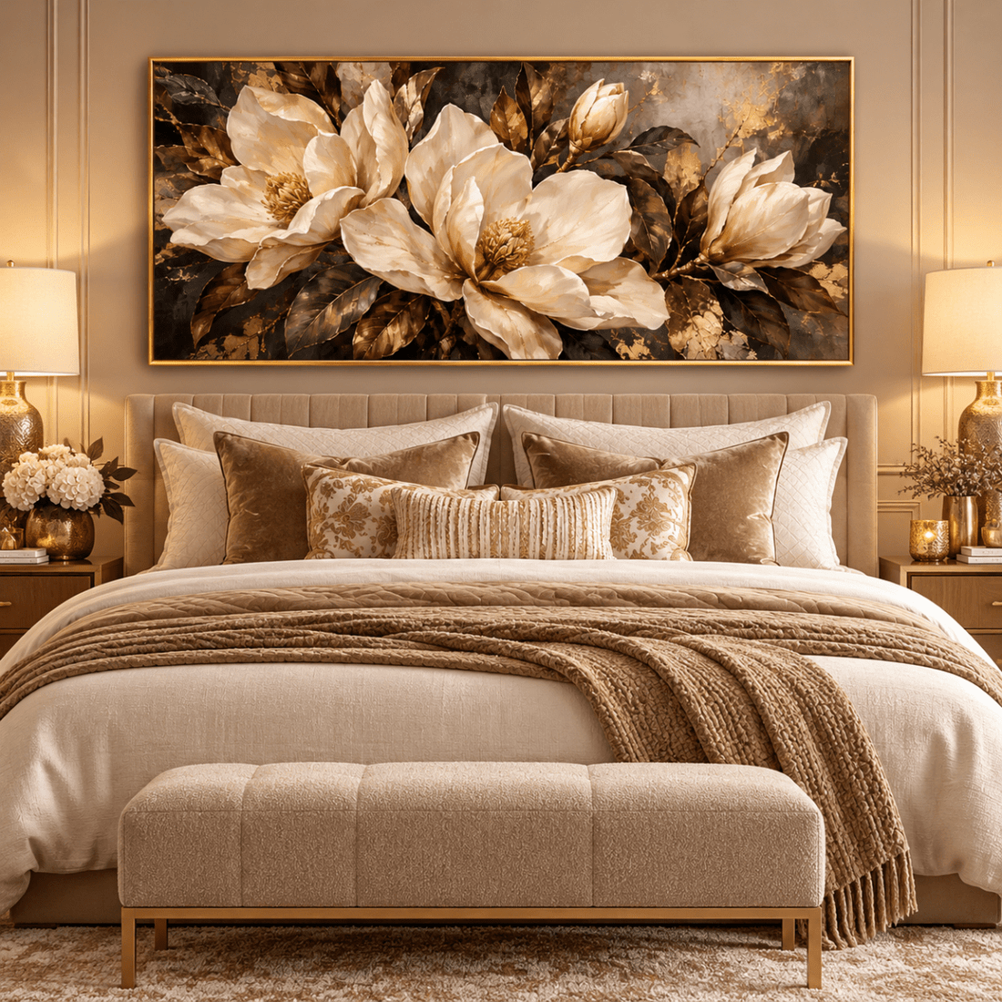 Black and Gold Magnolia Wall Art – Oversized Panoramic Charcoal Textured Look Canvas for Living Room - Sense for Decor