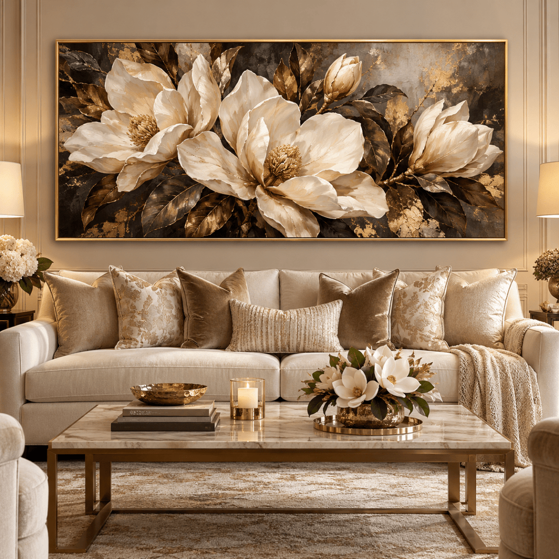Black and Gold Magnolia Wall Art – Oversized Panoramic Charcoal Textured Look Canvas for Living Room - Sense for Decor