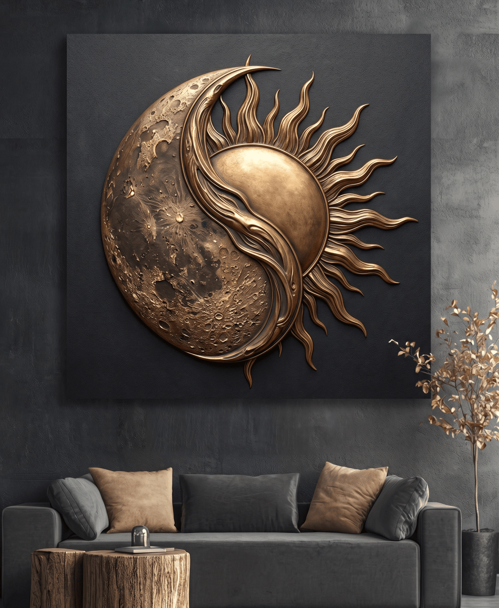 Black and Gold Moon Wall Art – Modern Luxury Canvas Decor (Flat or 3D Hand - Embellished Finish) - Sense for Decor