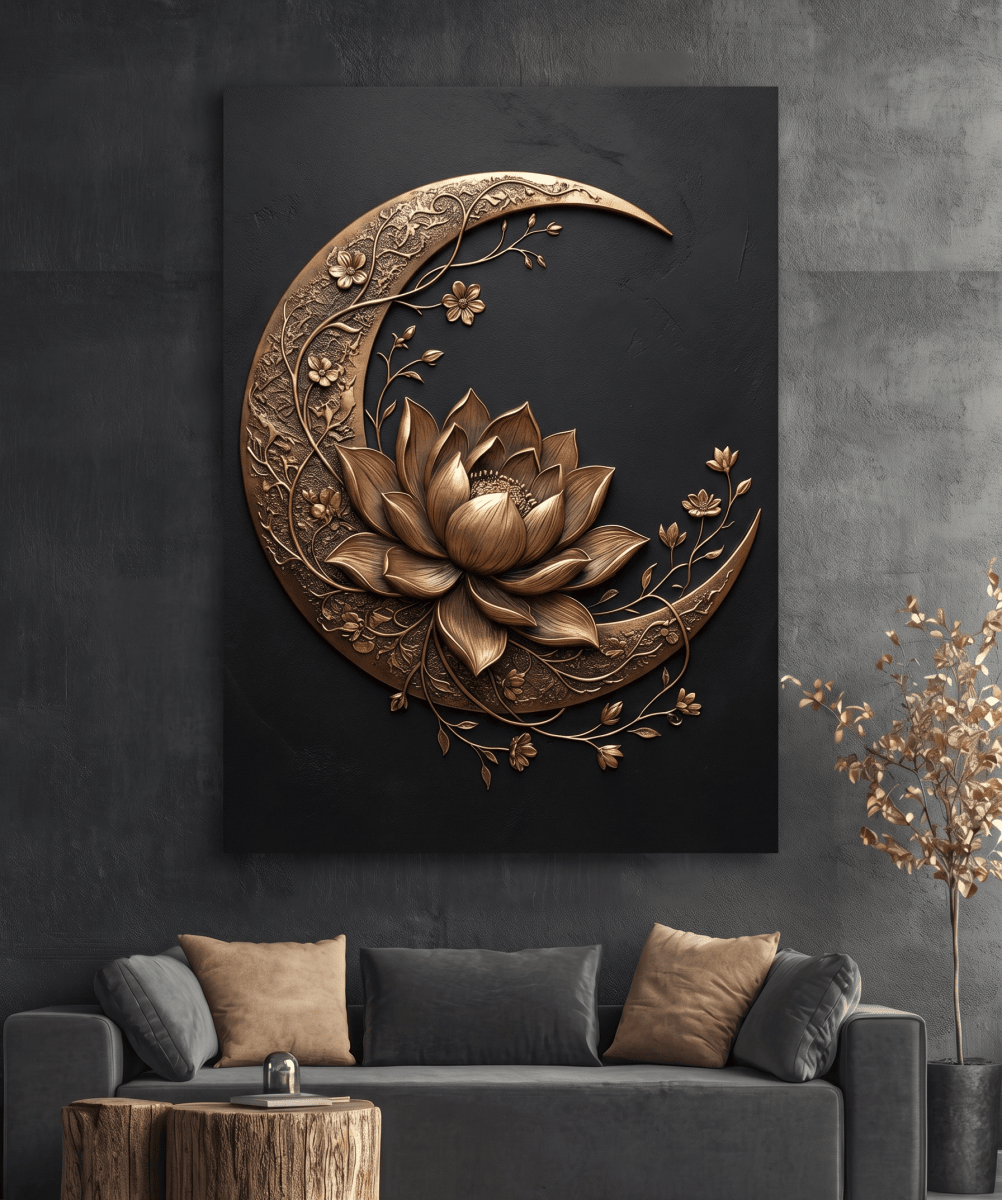 Black and Gold Moon Wall Art – Modern Luxury Canvas Decor (Flat or 3D Hand - Embellished Finish) - Sense for Decor