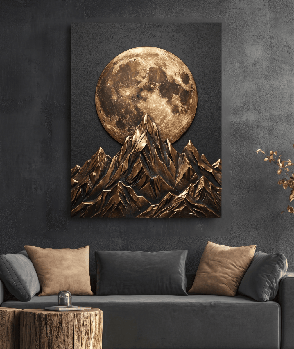 Black and Gold Moon Wall Art – Modern Luxury Canvas Decor (Flat or 3D Hand - Embellished Finish) - Sense for Decor