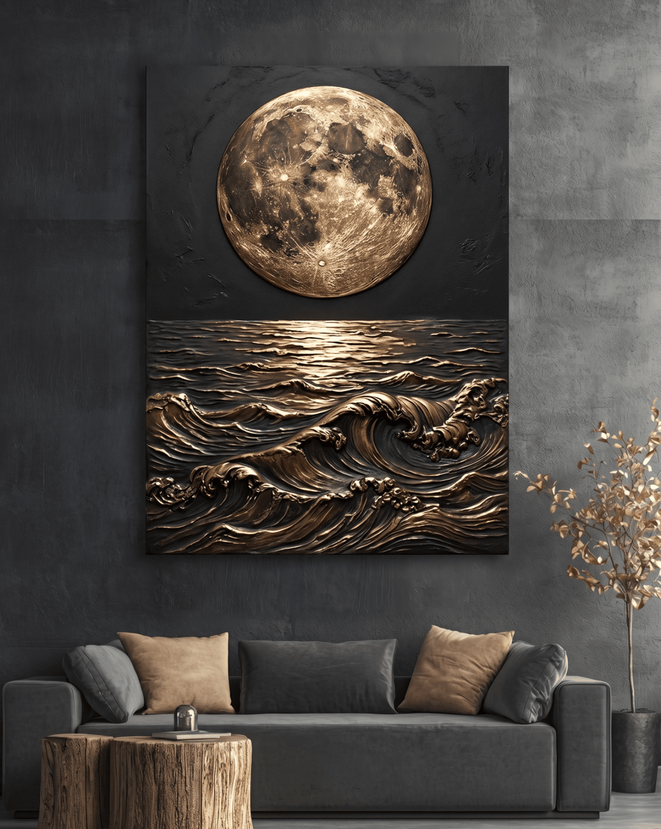 Black and Gold Moon Wall Art – Modern Luxury Canvas Decor (Flat or 3D Hand - Embellished Finish) - Sense for Decor