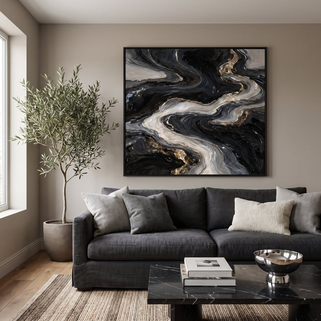 Black and Silver Wall Art – Oversized Abstract River Textured Look Canvas for Living Room - Sense for Decor