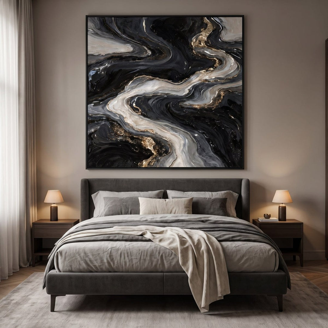 Black and Silver Wall Art – Oversized Abstract River Textured Look Canvas for Living Room - Sense for Decor