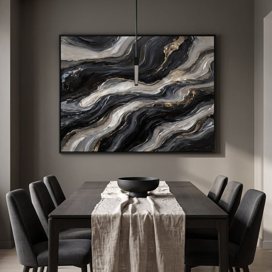 Black and Silver Wall Art – Oversized Abstract River Textured Look Canvas for Living Room - Sense for Decor
