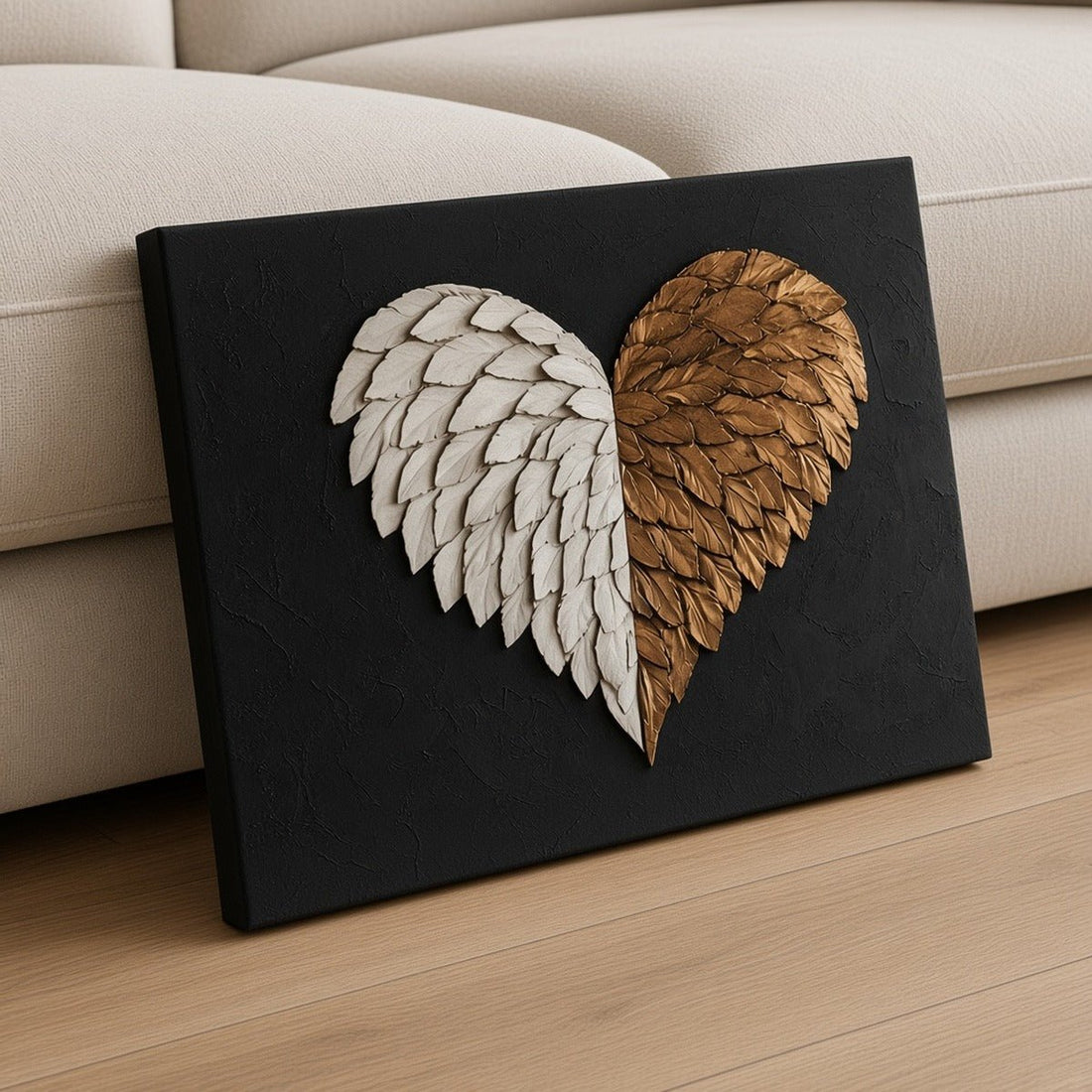 Black & Gold Wings of Love Wall Art – Oversized Black and Gold Angel Wing Heart Textured Look Canvas for Living Room - Sense for Decor