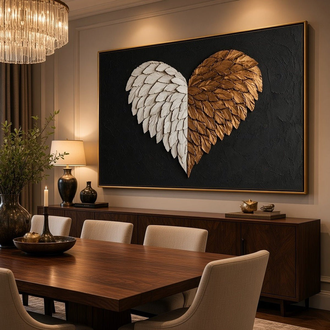 Black & Gold Wings of Love Wall Art – Oversized Black and Gold Angel Wing Heart Textured Look Canvas for Living Room - Sense for Decor
