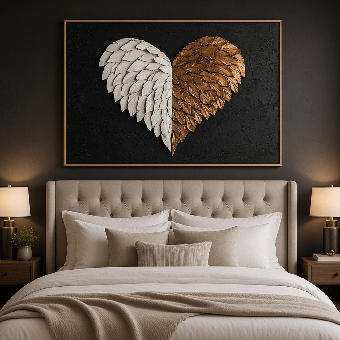 Black & Gold Wings of Love Wall Art – Oversized Black and Gold Angel Wing Heart Textured Look Canvas for Living Room - Sense for Decor