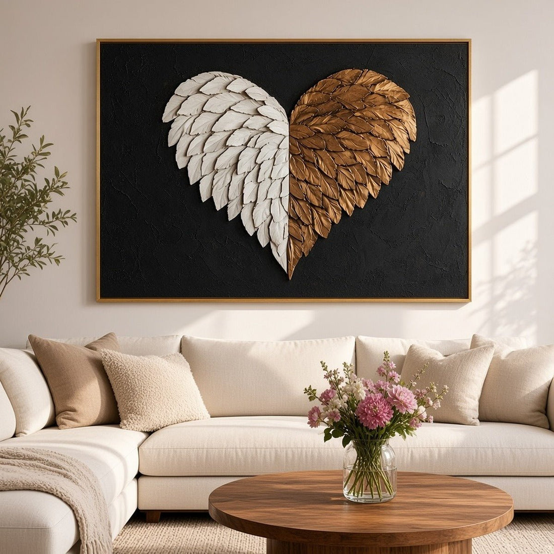 Black & Gold Wings of Love Wall Art – Oversized Black and Gold Angel Wing Heart Textured Look Canvas for Living Room - Sense for Decor