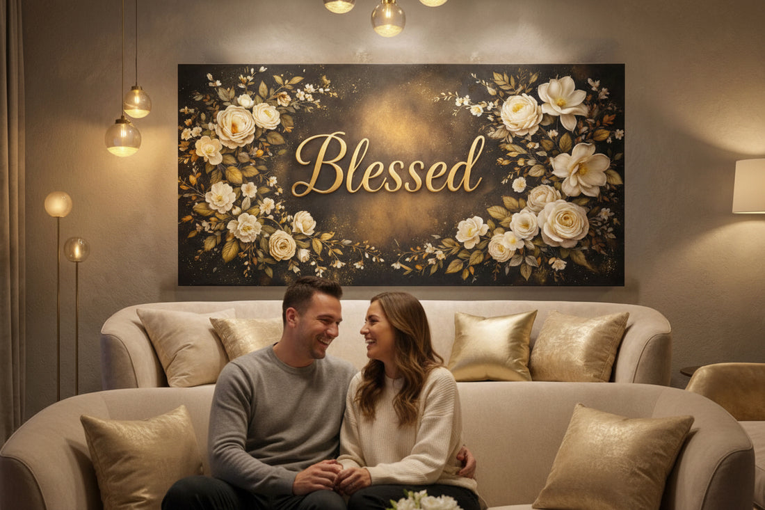 Blessed Midnight Floral Wall Art - Gold & Ivory Rose Canvas with Dramatic Black Backdrop - Sense for Decor
