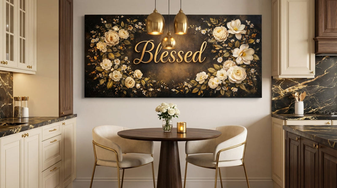 Blessed Midnight Floral Wall Art - Gold & Ivory Rose Canvas with Dramatic Black Backdrop - Sense for Decor