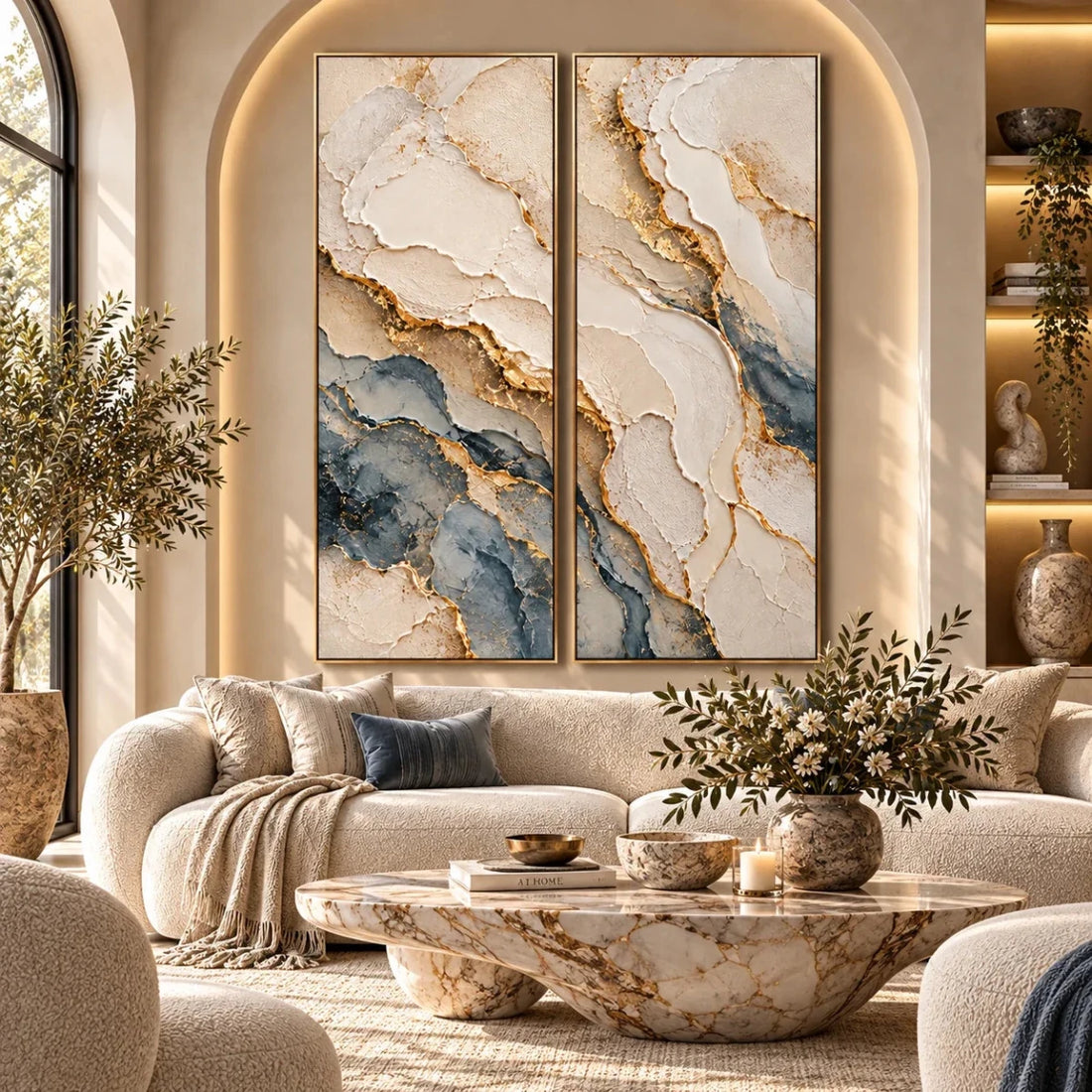 Blue and Gold Abstract Wall Art – Oversized 2 Piece Textured Marble Canvas Set for Living Room and Bedroom - Sense for Decor