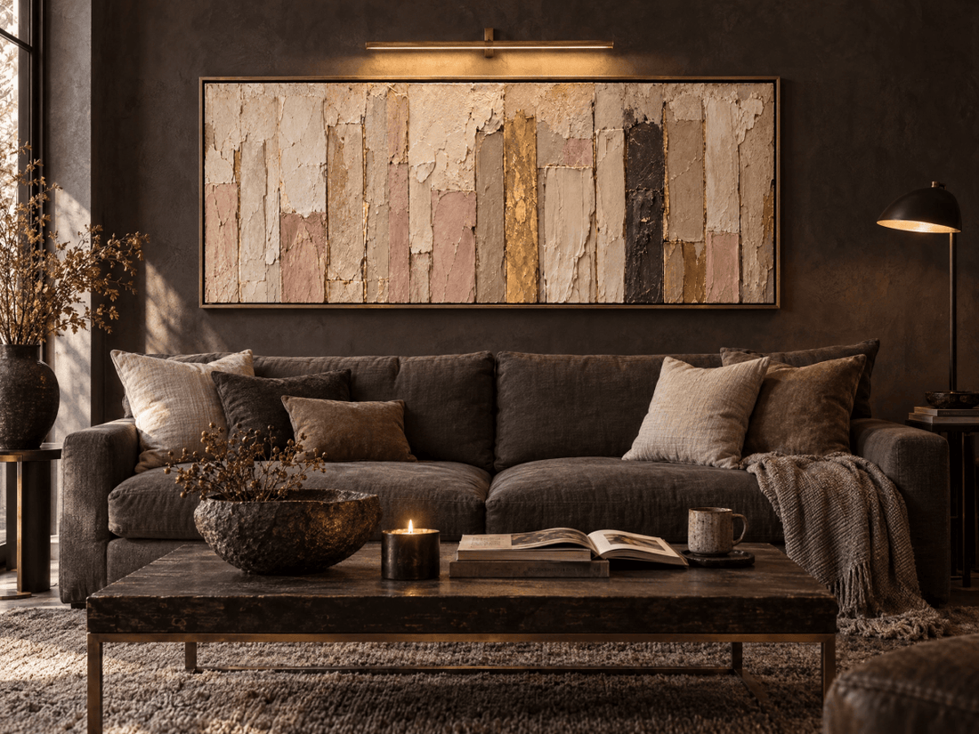 Blush and Gold Abstract Wall Art – Oversized Cream Panoramic Textured Look Canvas for Living Room - Sense for Decor