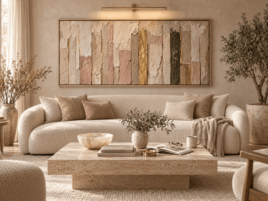Blush and Gold Abstract Wall Art – Oversized Cream Panoramic Textured Look Canvas for Living Room - Sense for Decor