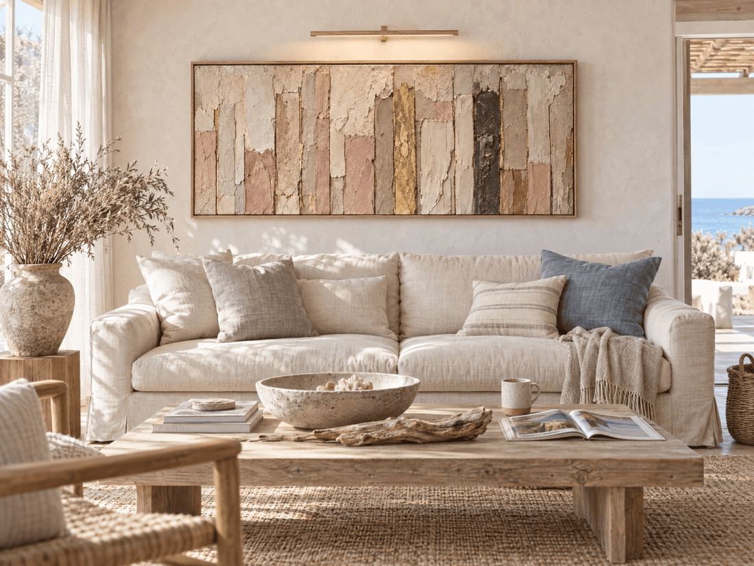 Blush and Gold Abstract Wall Art – Oversized Cream Panoramic Textured Look Canvas for Living Room - Sense for Decor