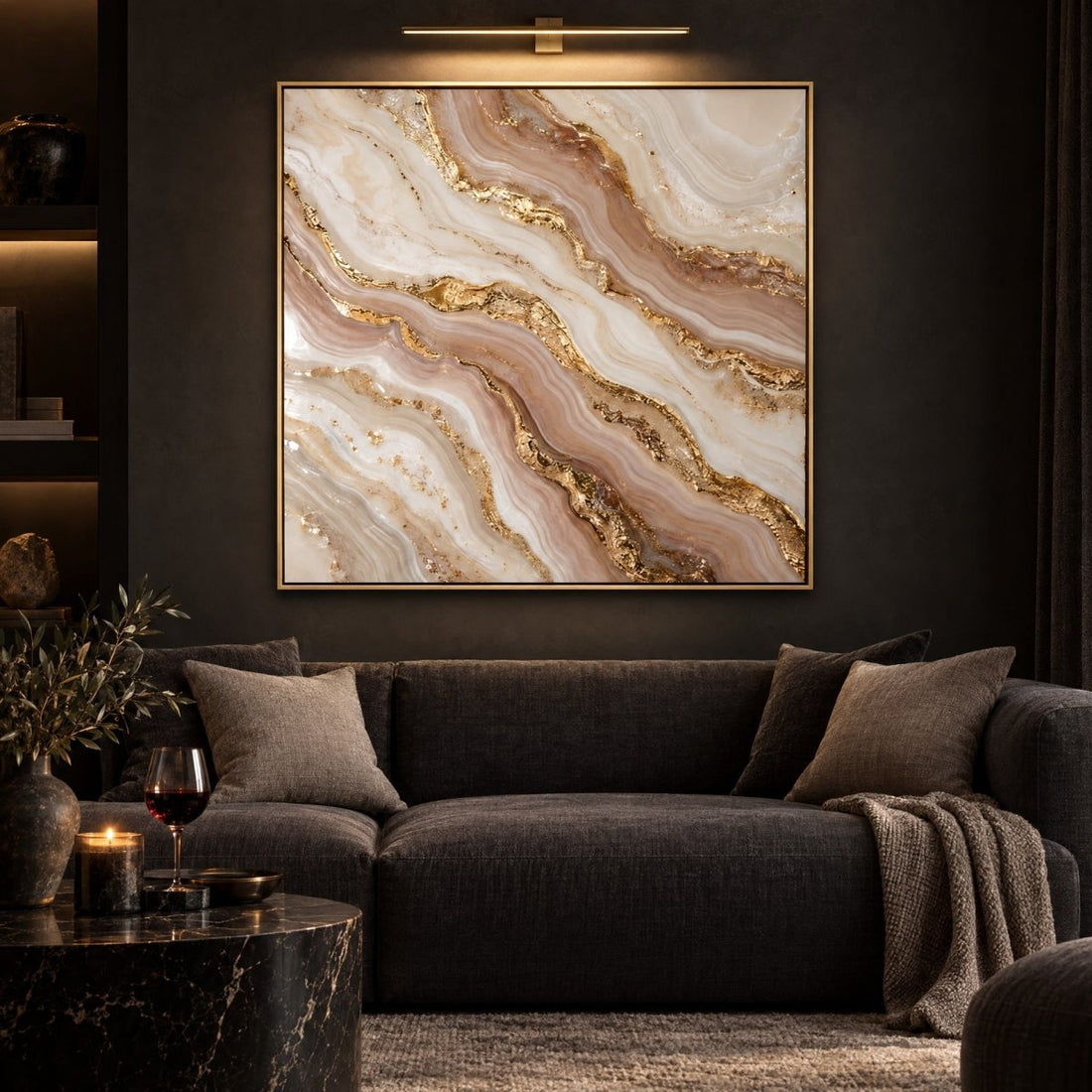 Blush and Gold Wall Art – Oversized Agate Marble Swirl Textured Look Canvas for Living Room - Sense for Decor