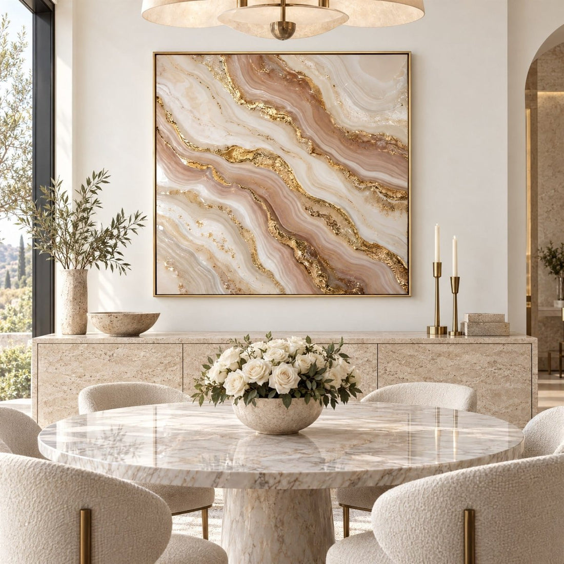 Blush and Gold Wall Art – Oversized Agate Marble Swirl Textured Look Canvas for Living Room - Sense for Decor