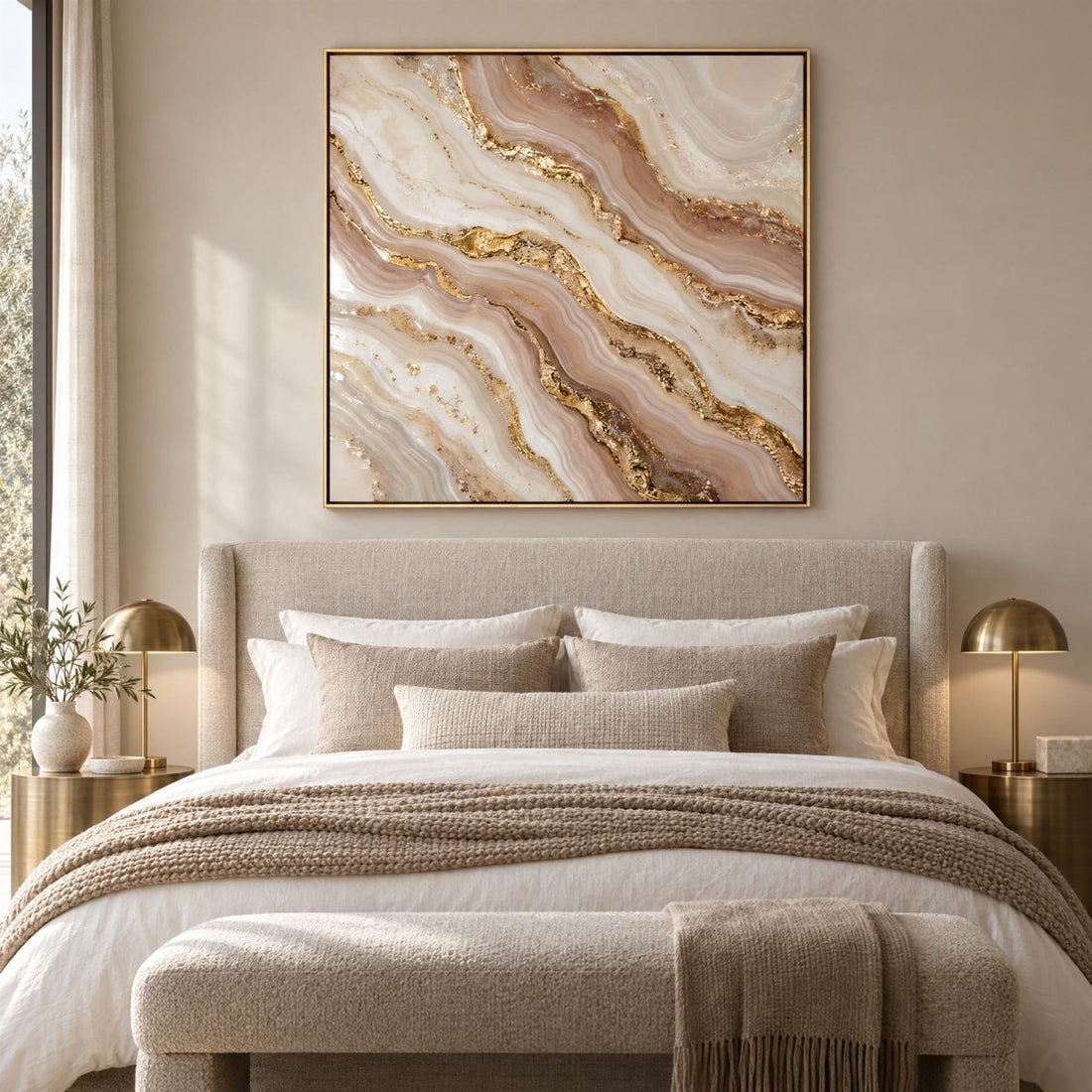 Blush and Gold Wall Art – Oversized Agate Marble Swirl Textured Look Canvas for Living Room - Sense for Decor