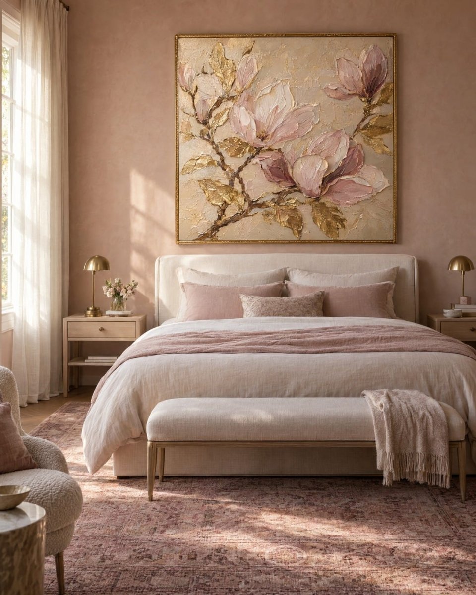 Blush Magnolia Wall Art – Oversized Pink and Gold Textured Look Canvas for Bedroom - Sense for Decor
