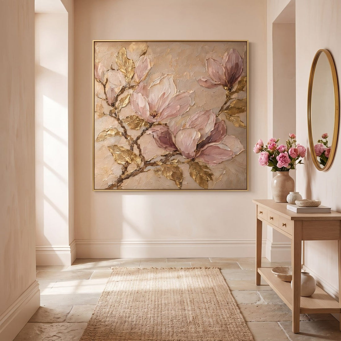 Blush Magnolia Wall Art – Oversized Pink and Gold Textured Look Canvas for Bedroom - Sense for Decor