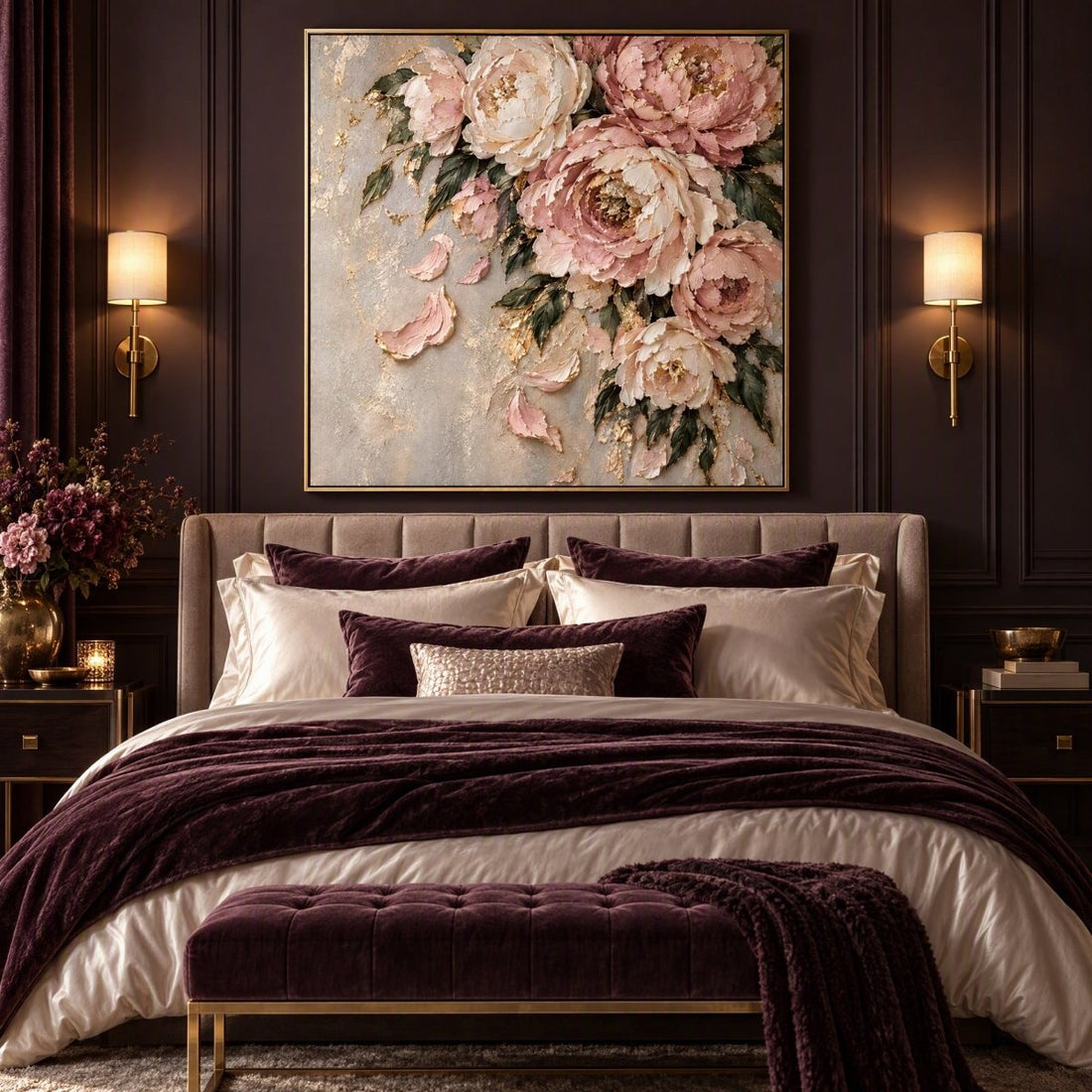 Blush Peony Wall Art – Oversized Pink and Gold Cascading Floral Textured Look Canvas for Bedroom - Sense for Decor