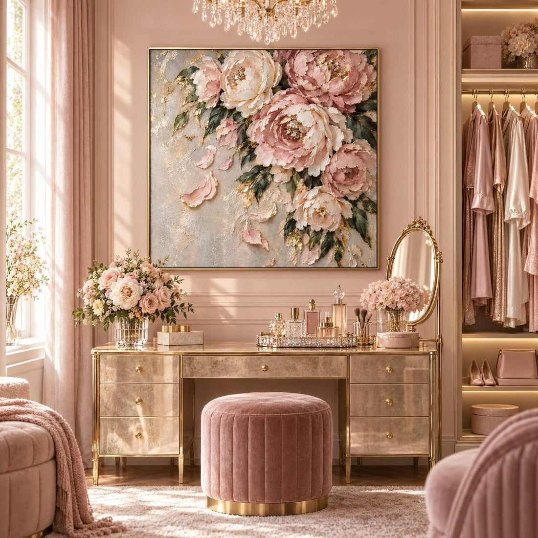 Blush Peony Wall Art – Oversized Pink and Gold Cascading Floral Textured Look Canvas for Bedroom - Sense for Decor