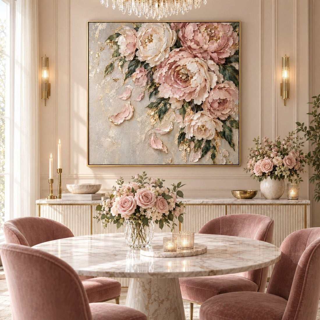 Blush Peony Wall Art – Oversized Pink and Gold Cascading Floral Textured Look Canvas for Bedroom - Sense for Decor