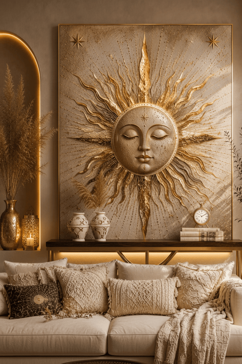 Celestial Golden Sun Wall Art – Luxury Boho Sunburst Canvas Print for Living Room Decor - Sense for Decor