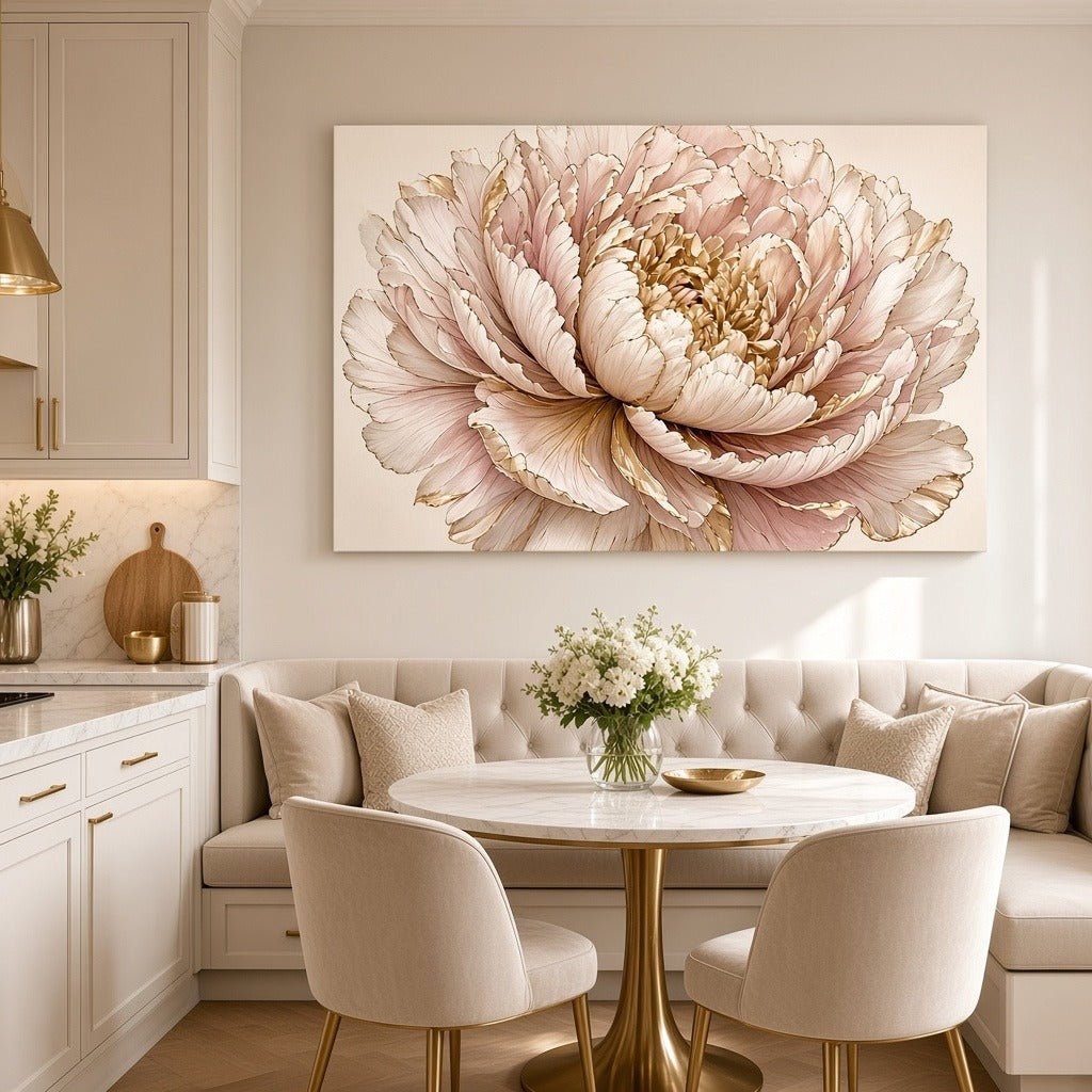 Champagne Peony Wall Art – Oversized Blush Pink and Gold Bloom Textured Look Canvas for Bedroom - Sense for Decor
