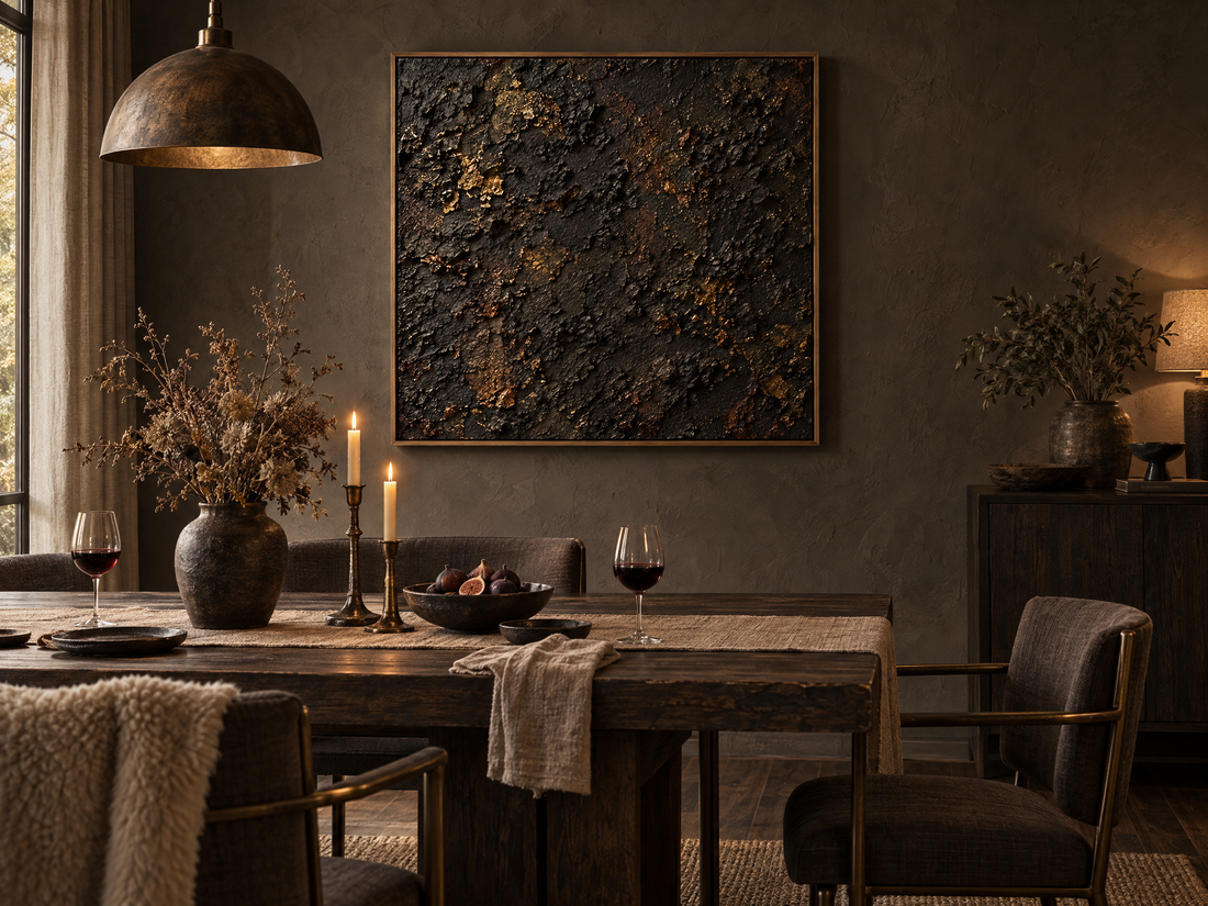 Dark copper and charcoal canvas above a rustic dining table by candlelight