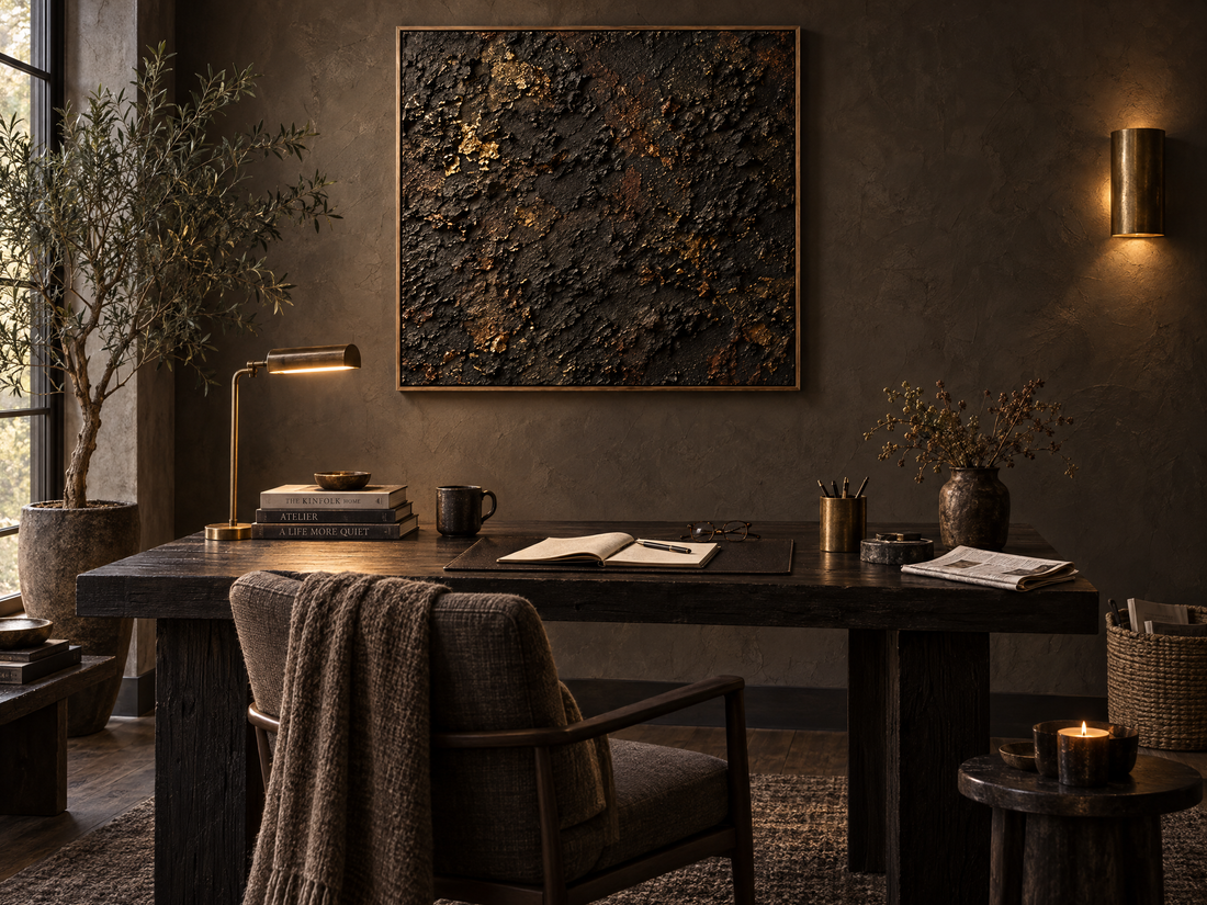 Charcoal and copper canvas above a dark wood desk in a home office