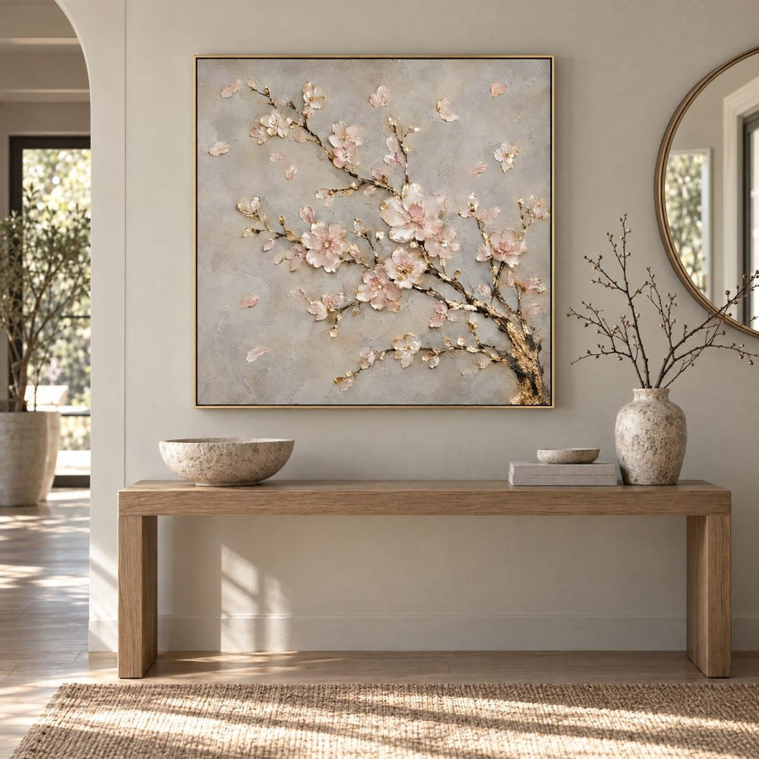 Cherry Blossom Wall Art – Oversized Pink and Gold Branch Textured Look Canvas for Bedroom - Sense for Decor