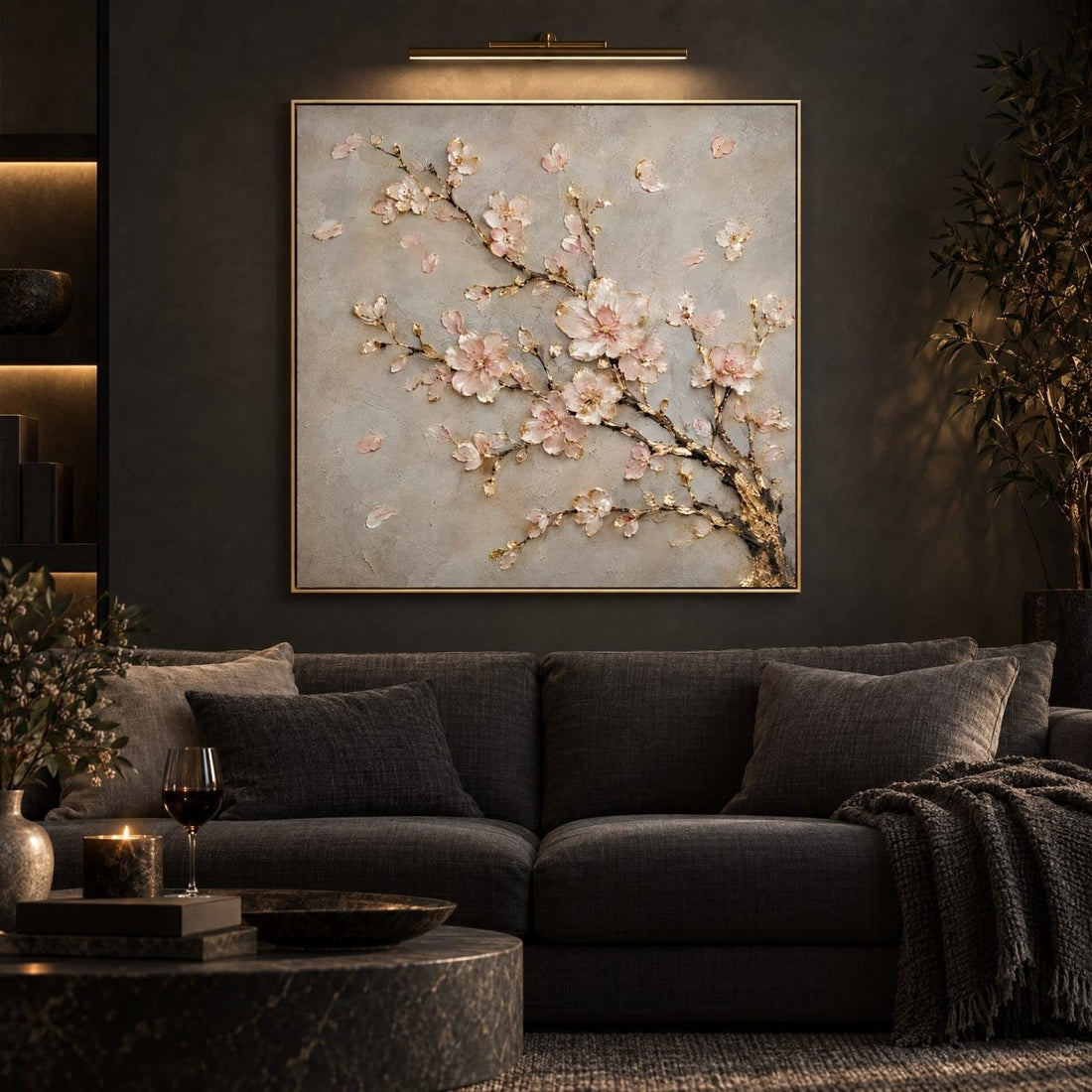 Cherry Blossom Wall Art – Oversized Pink and Gold Branch Textured Look Canvas for Bedroom - Sense for Decor