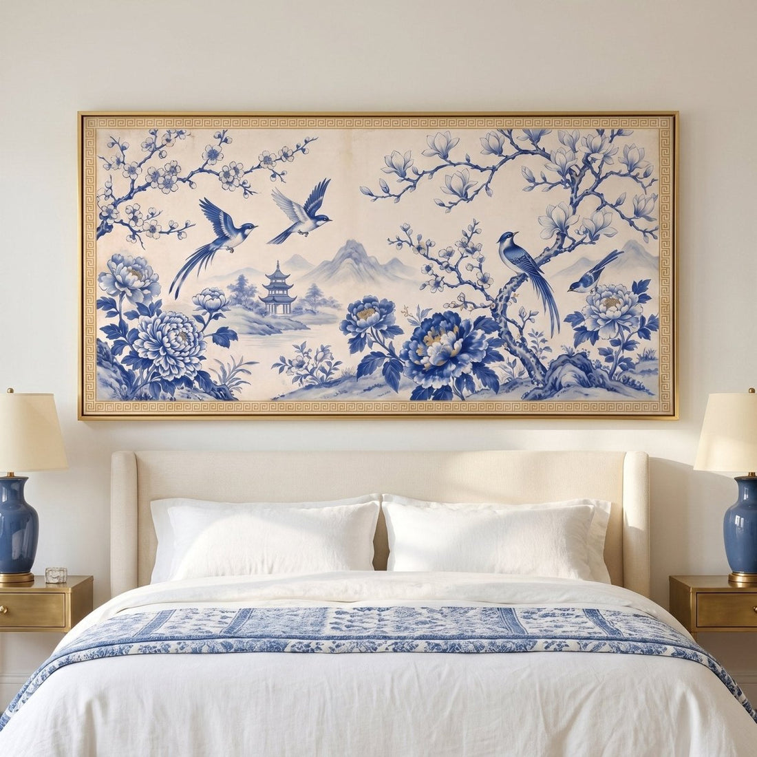 Chinoiserie Landscape Wall Art – Oversized Blue, White and Gold Panoramic Bird and Peony Canvas for Living Room - Sense for Decor